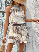 Marble Print Halter Neck Tie Back Blouse & Ruffle Hem Shorts